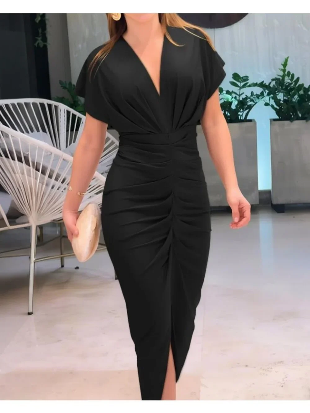 Women's Black Polyester Elastane Floral Print V Neck Slit Bodycon Midi Dress